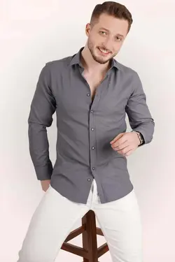 پیراهن جعبه‎دار اسلیم فیت طرح‎دار دودی مردانه برند Etikmen کد 1652814640