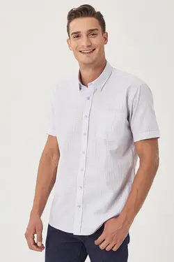 پیراهن دکمه‎دار متناسب یقه چهارخانه تابستانی آستین کوتاه سفید-آبی مردانه برند Altınyıldız Classics کد 1652815235
