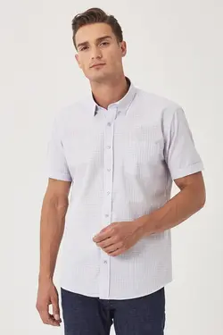 پیراهن دکمه‎دار متناسب یقه چهارخانه تابستانی آستین کوتاه سفید-آبی مردانه برند Altınyıldız Classics کد 1652815235