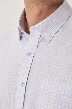 پیراهن دکمه‎دار متناسب یقه چهارخانه تابستانی آستین کوتاه سفید-آبی مردانه برند Altınyıldız Classics کد 1652815235