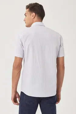 پیراهن دکمه‎دار متناسب یقه چهارخانه تابستانی آستین کوتاه سفید-آبی مردانه برند Altınyıldız Classics کد 1652815235