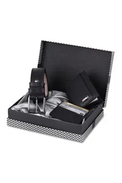 کیف پول ست کمربند دار جعبه‎دار طرح شطرنجی جا کارتی مردانه مشکی برند polo air کد 1652805651