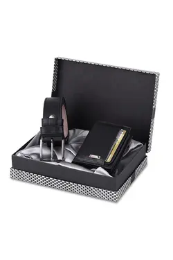 کیف پول ست کمربند دار جعبه‎دار طرح شطرنجی جا کارتی مردانه مشکی برند polo air کد 1652805651