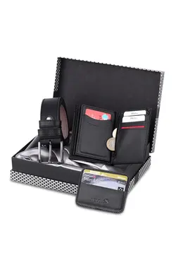 کیف پول ست کمربند دار جعبه‎دار طرح شطرنجی جا کارتی مردانه مشکی برند polo air کد 1652805651