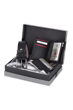 کیف پول ست کمربند دار جعبه‎دار طرح شطرنجی جا کارتی مردانه مشکی برند polo air کد 1652805651