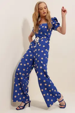 کتان کمر پالازا طرح‎دار خال خالی کمربند‎دار دو جیبه آبی شلوار زنانه برند Trend Alaçatı Stili کد 1652768900