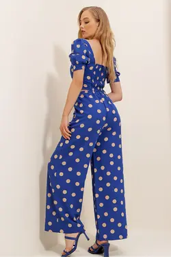 کتان کمر پالازا طرح‎دار خال خالی کمربند‎دار دو جیبه آبی شلوار زنانه برند Trend Alaçatı Stili کد 1652768900