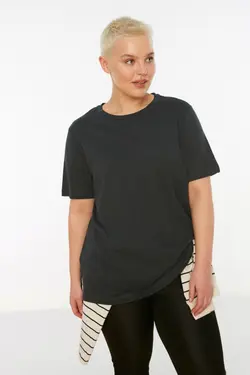 تیشرت بافتنی ساده چاک دار یقه گرد خاکستری آنتراسیت برند Trendyol Curve کد 1652882274