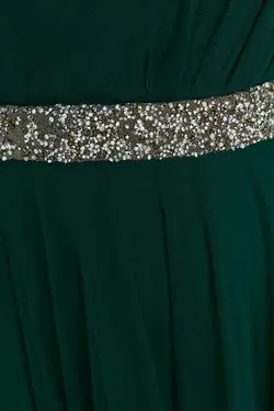 لباس مجلسی پوشیده کمربند نگین‎دار یقه کمر طرحدار سبز برند TRENDYOL MODEST کد 1652867579