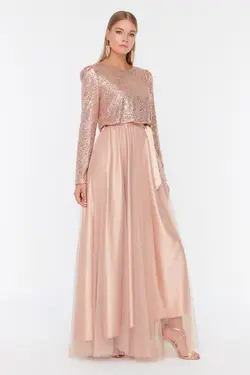 لباس مجلسی پوشیده کمربند‎دار طرح‎دار صورتی برند TRENDYOL MODEST کد 1652867565