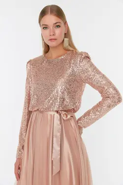 لباس مجلسی پوشیده کمربند‎دار طرح‎دار صورتی برند TRENDYOL MODEST کد 1652867565