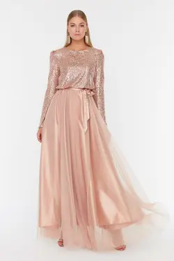 لباس مجلسی پوشیده کمربند‎دار طرح‎دار صورتی برند TRENDYOL MODEST کد 1652867565