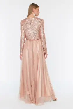 لباس مجلسی پوشیده کمربند‎دار طرح‎دار صورتی برند TRENDYOL MODEST کد 1652867565