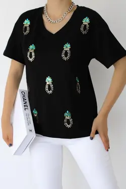 کار شده پولکی یقه هفت آناناس تیشرت مشکی زنانه برند FURKAN EXCLUSIVE کد 1652857009