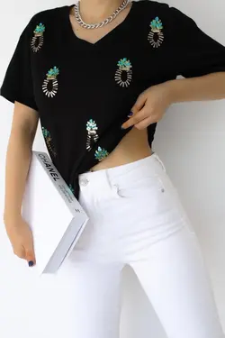 کار شده پولکی یقه هفت آناناس تیشرت مشکی زنانه برند FURKAN EXCLUSIVE کد 1652857009