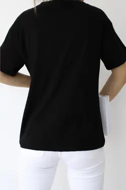 کار شده پولکی یقه هفت آناناس تیشرت مشکی زنانه برند FURKAN EXCLUSIVE کد 1652857009