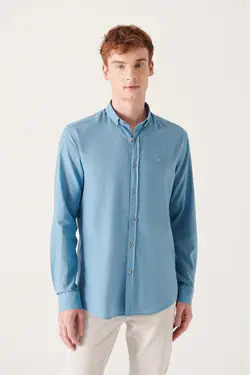 پیراهن متناسب ساده یقه آستین بلند پارچه نازک 100پنبه مردانه برند Avva کد 1653079364