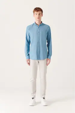 پیراهن متناسب ساده یقه آستین بلند پارچه نازک 100پنبه مردانه برند Avva کد 1653079364