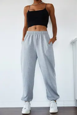 شلوار راحتی برش دور کمر بلند جاگر گشاد طوسی زنانه برند PND کد 1653069563