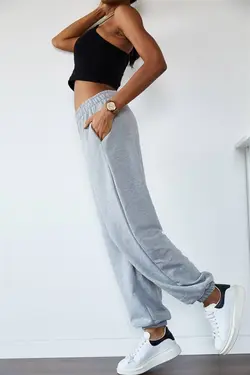 شلوار راحتی برش دور کمر بلند جاگر گشاد طوسی زنانه برند PND کد 1653069563