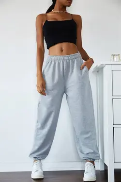 شلوار راحتی برش دور کمر بلند جاگر گشاد طوسی زنانه برند PND کد 1653069562