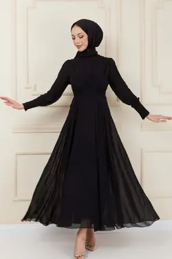 لباس مجلسی پوشیده دکمه‎دار شیفون شب/مشکی کمربند دار برند İmajButik کد 1653050483