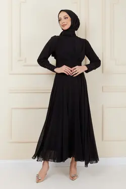 لباس مجلسی پوشیده دکمه‎دار شیفون شب/مشکی کمربند دار برند İmajButik کد 1653050483