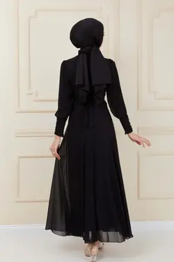 لباس مجلسی پوشیده دکمه‎دار شیفون شب/مشکی کمربند دار برند İmajButik کد 1653050483