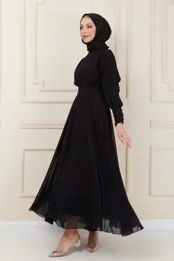 لباس مجلسی پوشیده دکمه‎دار شیفون شب/مشکی کمربند دار برند İmajButik کد 1653050483