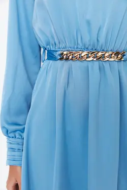لباس مجلسی پوشیده بافته شده یقه طرح‎دار آبی دکمه سر دست کمربند دار برند TRENDYOL MODEST کد 1653048065