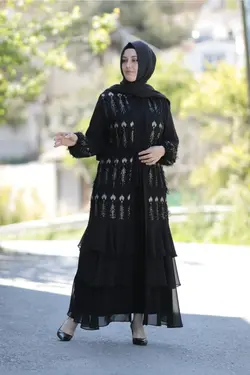 کت لباس مجلسی شیفون کمربند‎دار گیپوردار اکریلیکی سایز بزرگ برند Zey&amp;Ka Butik کد 1653048730