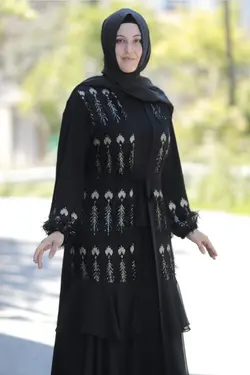 کت لباس مجلسی شیفون کمربند‎دار گیپوردار اکریلیکی سایز بزرگ برند Zey&amp;Ka Butik کد 1653048730