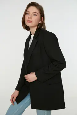 کت بلیزر بسته شدنی ست بافته شده طرح‎دار جیبدار مشکی برند TRENDYOL MODEST کد 1656189522