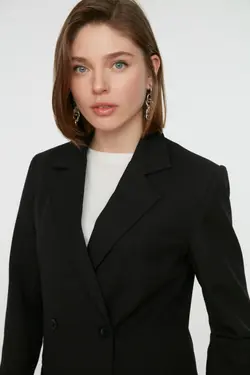 کت بلیزر بسته شدنی ست بافته شده طرح‎دار جیبدار مشکی برند TRENDYOL MODEST کد 1656189522