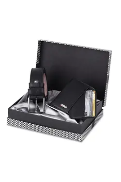 کیف پول ست کمربند دار جعبه‎دار طرح شطرنجی جا کارتی مشکی مردانه برند polo air کد 1658894566