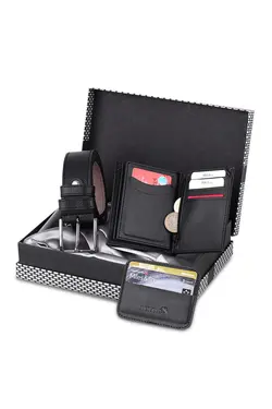 کیف پول ست کمربند دار جعبه‎دار طرح شطرنجی جا کارتی مشکی مردانه برند polo air کد 1658894566