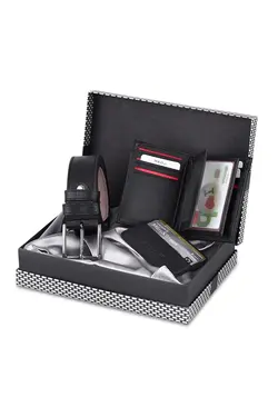 کیف پول ست کمربند دار جعبه‎دار طرح شطرنجی جا کارتی مشکی مردانه برند polo air کد 1658894566