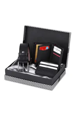 کیف پول ست کمربند دار جعبه‎دار طرح شطرنجی جا کارتی مشکی مردانه برند polo air کد 1658894566