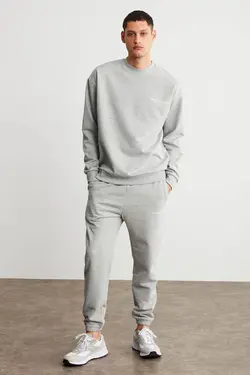 ست لباس راحتی ساده طرح‎دار گلدوزی شده ملانژ خاکستری مردانه برند GRIMELANGE کد 1659379776