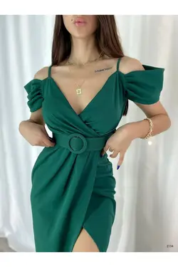 لباس مجلسی پارچه کرپ طرح چاکدار از جلو کمربند‎دار دوشی وارداتی برند rengamoda کد 1661920207