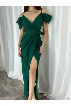 لباس مجلسی پارچه کرپ طرح چاکدار از جلو کمربند‎دار دوشی وارداتی برند rengamoda کد 1661920207