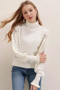پلیور طرح توری نیمه یقه اسکی سفید زنانه برند AQE FASHION کد 1662359214