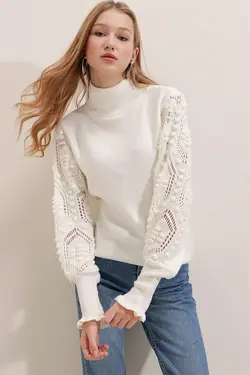 پلیور طرح توری نیمه یقه اسکی سفید زنانه برند AQE FASHION کد 1662359214