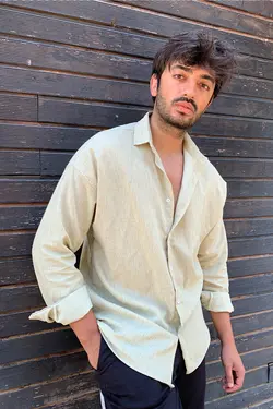 پیراهن قالب گشاد یقه کتان بژ مردانه برند Gray Clothing کد 1662453429