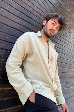 پیراهن قالب گشاد یقه کتان بژ مردانه برند Gray Clothing کد 1662453429