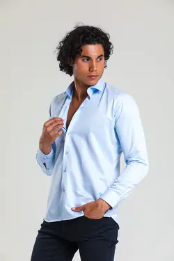 پیراهن پنبه ساتن اسلیم فیت آبی یخ مردانه برند Daflin کد 1662856569