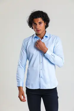 پیراهن پنبه ساتن اسلیم فیت آبی یخ مردانه برند Daflin کد 1662856569