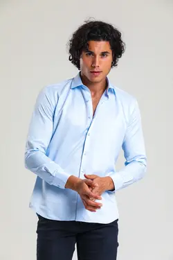 پیراهن پنبه ساتن اسلیم فیت آبی یخ مردانه برند Daflin کد 1662856569