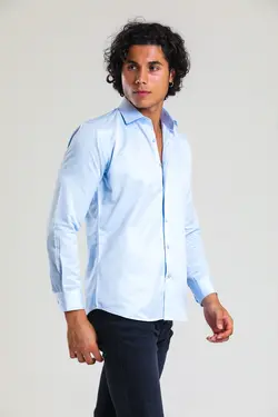 پیراهن پنبه ساتن اسلیم فیت آبی یخ مردانه برند Daflin کد 1662856569