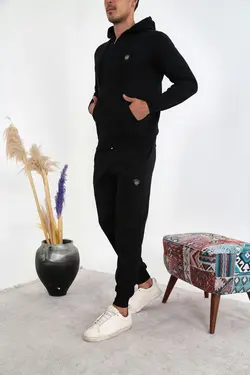 ست لباس راحتی نخی نخ آرم دار زیپدار مشکی مردانه برند 3MODA کد 1662931396